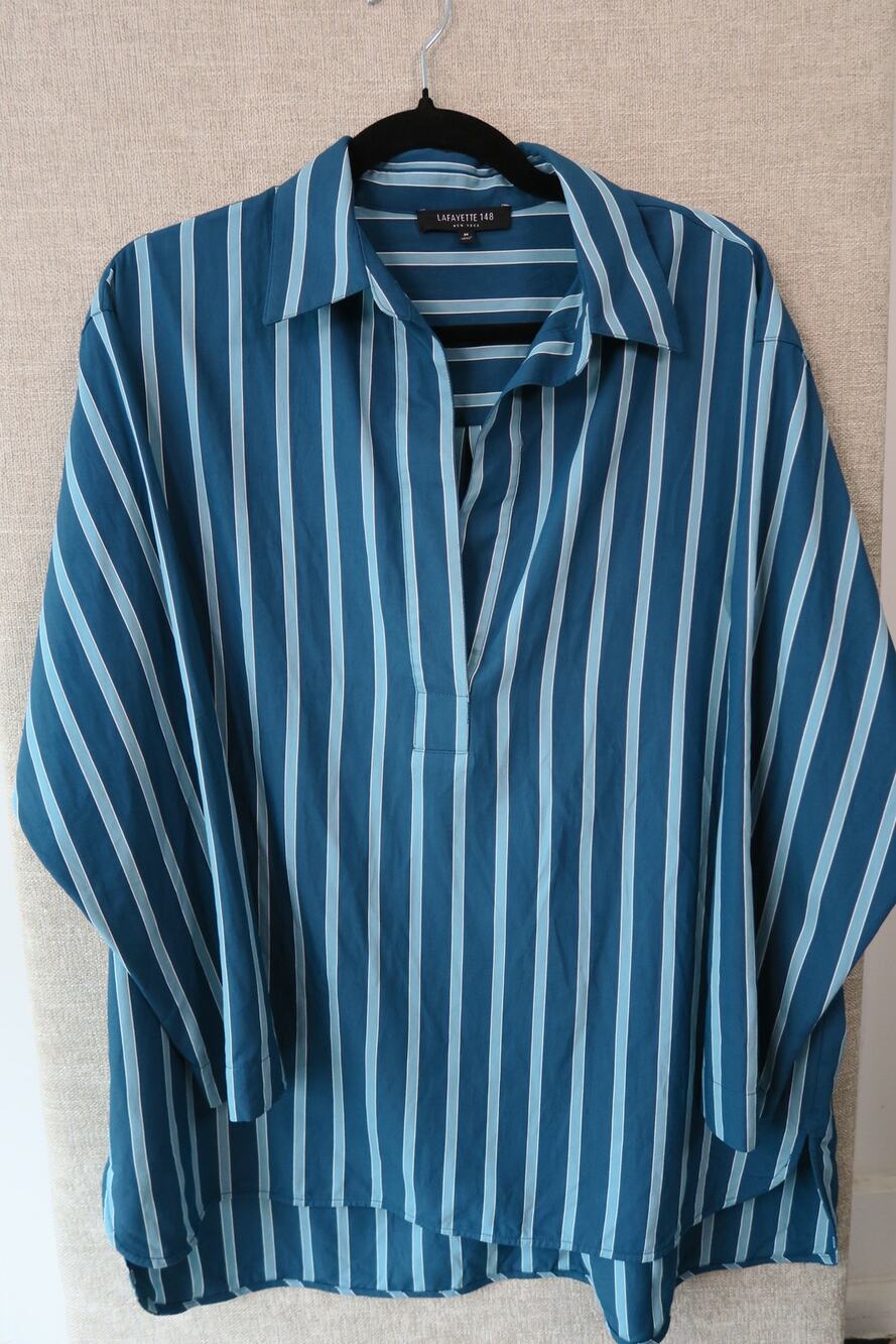 Lafayette 148 New York Teal & White Striped Popover Blouse
